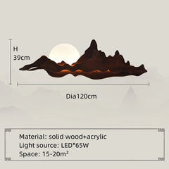 Decorative wall light with mountain design and dimensions on a beige background