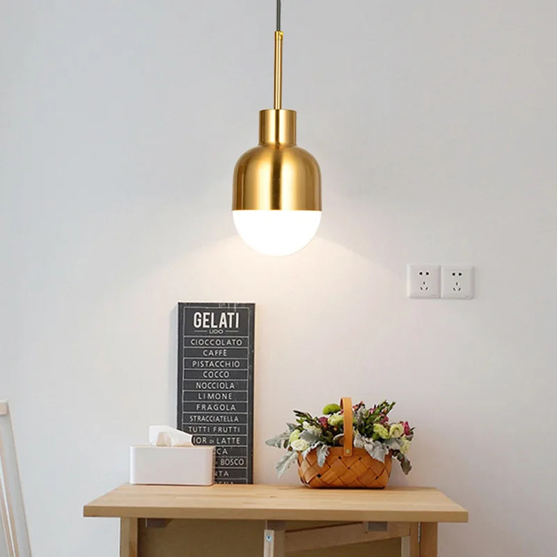 A gold metal dome pendant light above a wooden table with a basket of flowers and tissue box.