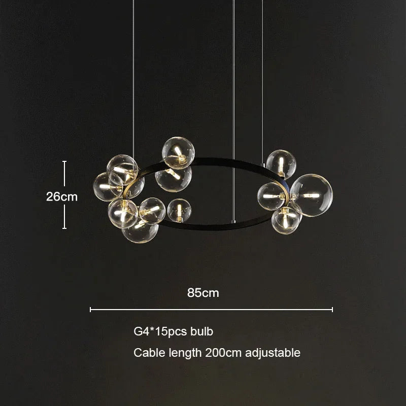 Chandelier with dimensions and bulb information on a black background