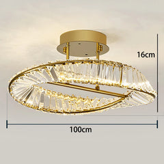 Gold ceiling light fixture with crystal design, shown with dimensions on a white background.