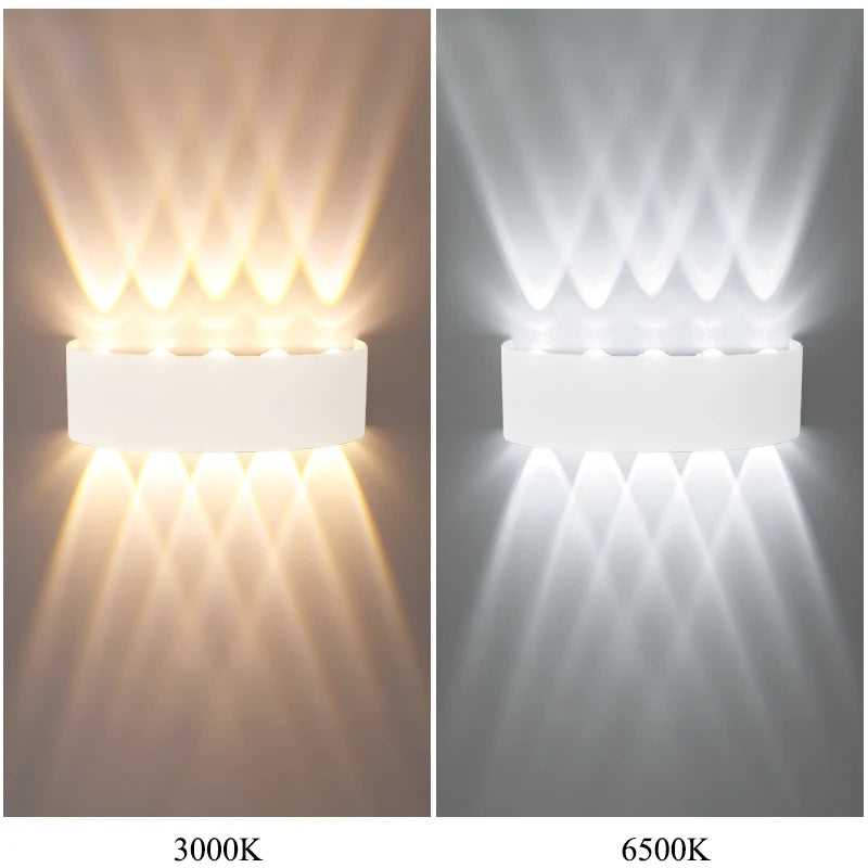 Comparison of a white geometric wall sconce showing warm 3000K light and cool 6500K light.