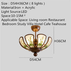 Bronze Chandelier with Frosted Glass and Green Leaf Floral Accents