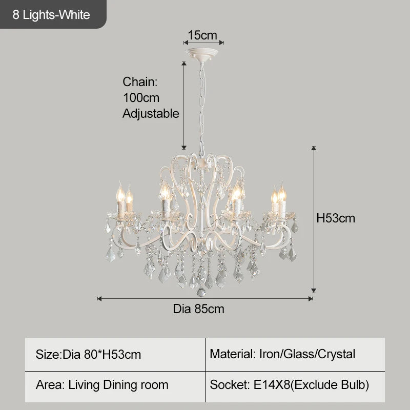 Chandelier with dimensions and specifications on a gray background