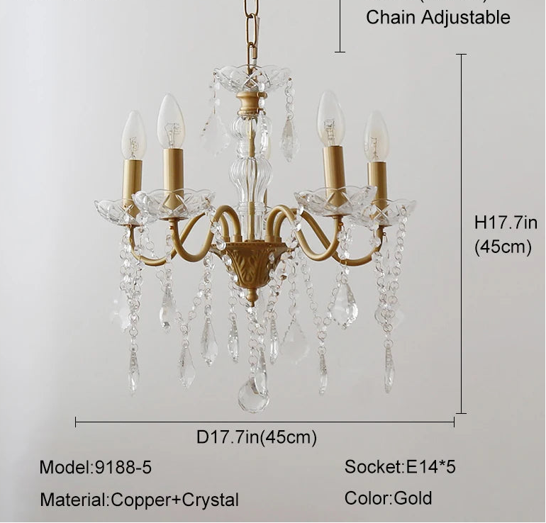 Gold chandelier with crystal accents and dimensions on a gray background