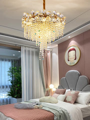 Gold Crystal Flower Chandelier with Cascading Beads and Gem Accents