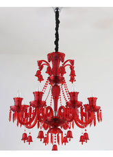 Red crystal tiered candelabra chandelier with multiple light arms and hanging crystal droplets.