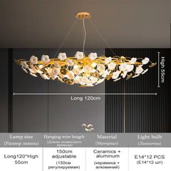 Chandelier with floral design and measurement details on a dark background