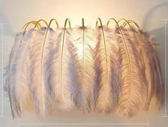 Wall-mounted lamp with feather design and dimensions on a light gray background
