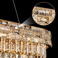 Close-up view of the intricate gold frame and crystal details on the chandelier.