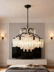 Gold Metal Waterfall Chandelier with Clear Glass Rods