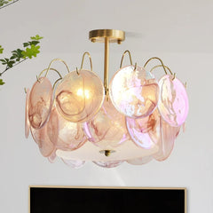 Gold Metal Frame Amethyst Glass Disc Semi-Flush Mount Chandelier
