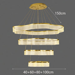 Gold chandelier with dimensions indicated on a gray background