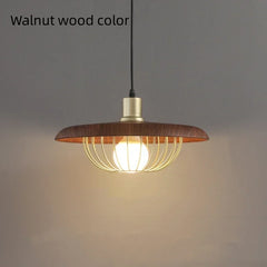 Wood Finish Drum Pendant Light with Brass Gold Wire Cage Shade