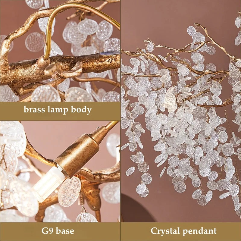 Brass lamp body, G9 base, and crystal pendant on a brown background