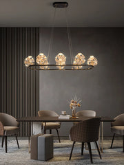Gold Crystal Orb Linear Pendant Light with Oval Frame