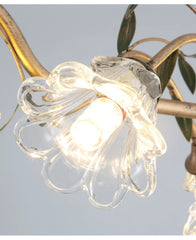 Gold Floral Branch Pendant Light Frosted Bell Shades & Leaf Accents