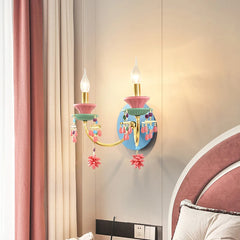 Gold Macaron Ceramic Flower Wall Sconce with Blue & Pink Accents