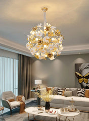 Gold Floral Ceramic Lily Chandelier with Crystal Accents