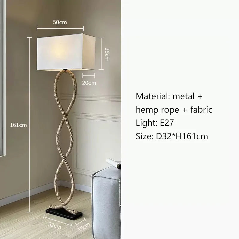 Floor lamp with dimensions and material details on a neutral background