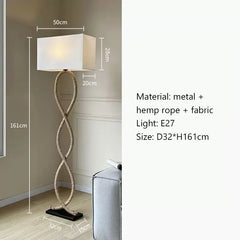 Floor lamp with dimensions and material details on a neutral background