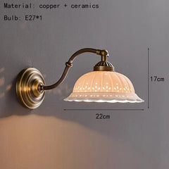 Gold Metal Floral Ceramic Wall Sconce Light with Frosted Bell Shade