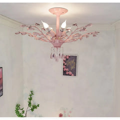 Pink Floral Crystal Semi-Flush Mount Ceiling Light with Branch Accents