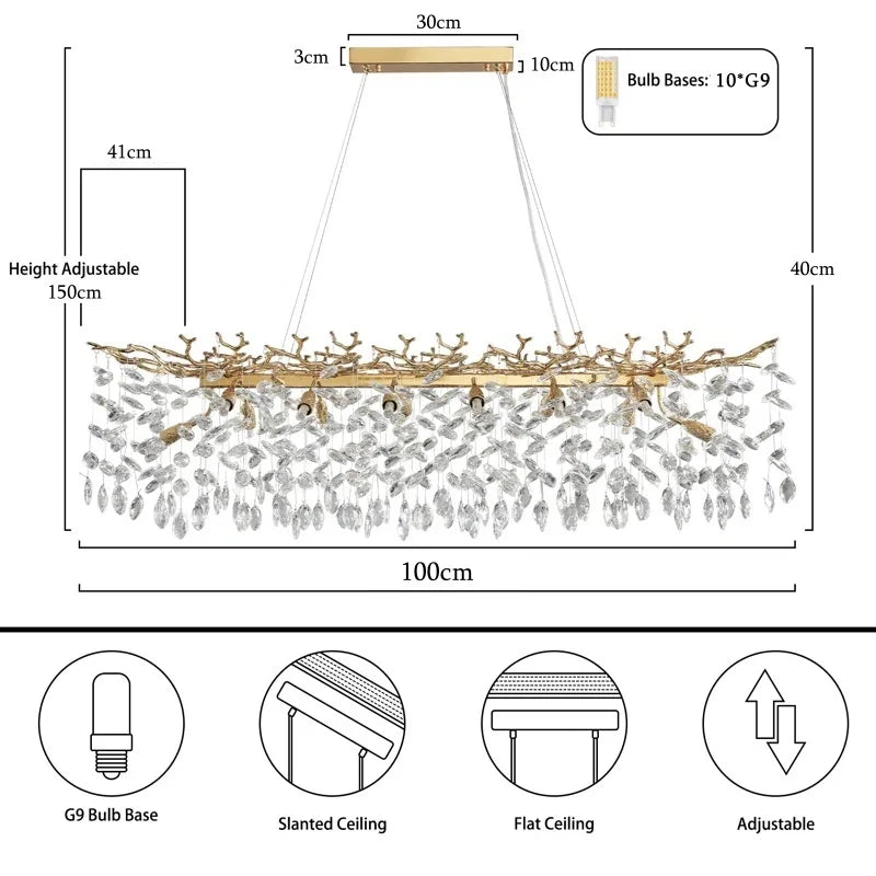 Chandelier dimensions and features diagram with measurements and bulb base information.