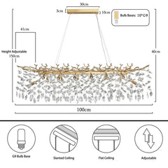 Chandelier dimensions and features diagram with measurements and bulb base information.