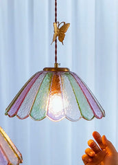 Gold Butterfly Glass Pendant Light with Multi-Color Scalloped Shade