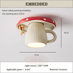 Red White Ceramic Mushroom Flush Mount Light with Squirrel Accent
