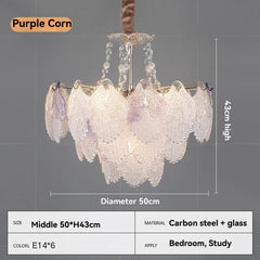 Frosted White Glass Leaf Tiered Chandelier with Crystal Accents