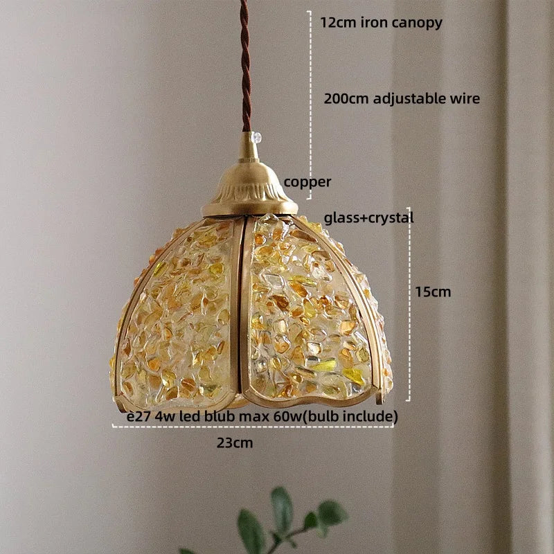 Pendant light with measurements on a neutral background