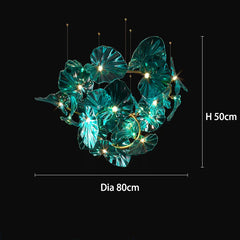 Decorative light fixture with leaf design on a black background, showing dimensions.