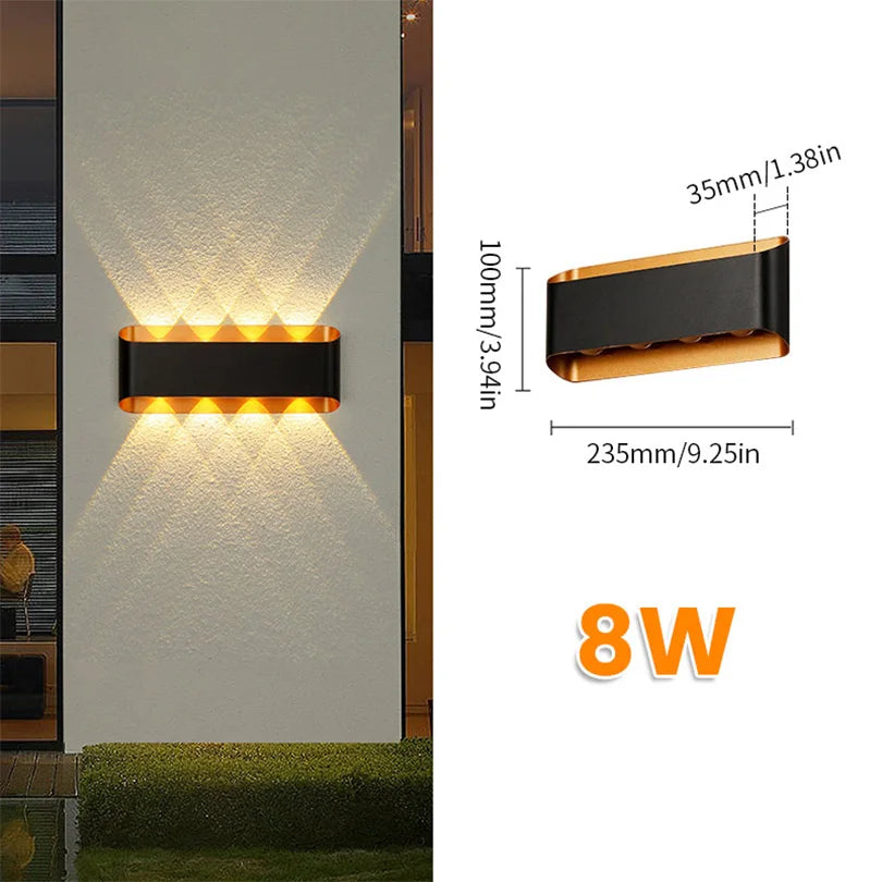 Outdoor wall light fixture with dimensions and wattage information on a white background