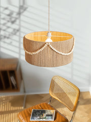 Jute Drum Pendant Light with Natural Wood Beads Accent