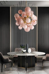 Pink Glass Orb Chandelier with Gold Metal Frame Clusters
