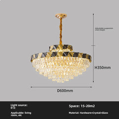 Tiered Crystal Chandelier with Gold Metal Frame and Geometric Accents