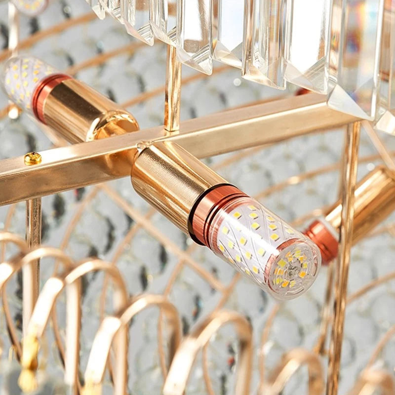 Close-up of a gold chandelier with crystal accents