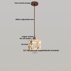 Pendant light with labeled features on a gray background