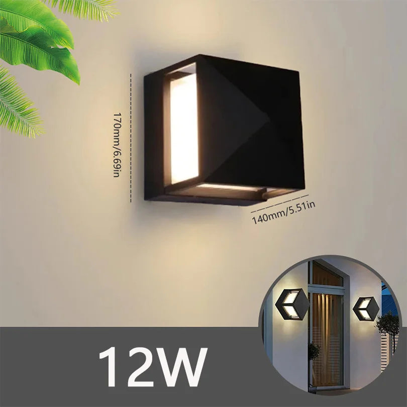 Black outdoor wall light fixture with dimensions and a 12W label on a neutral background.