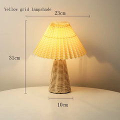 Rattan Base Pleated Fabric Shade Table Lamp - Bedside Accent Light