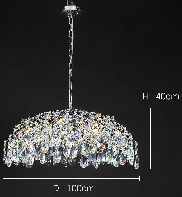 Crystal pendant light with dimensions on a black background