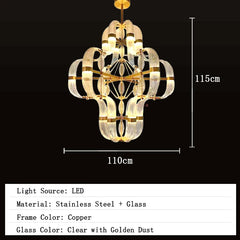 Chandelier with dimensions and product details on a black background