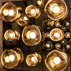 Cluster of gold spherical lights with a reflective surface