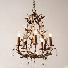 Gold Leaf Crystal Chandelier Metal Frame with Candle Style Lights