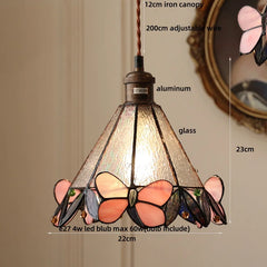 Butterfly-themed pendant light with measurements and material details on a beige background