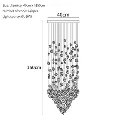 Chandelier diagram with dimensions and stone count on a white background