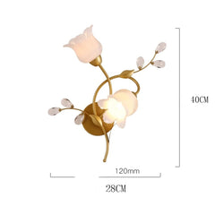 Decorative wall light fixture with floral design and dimensions on a white background