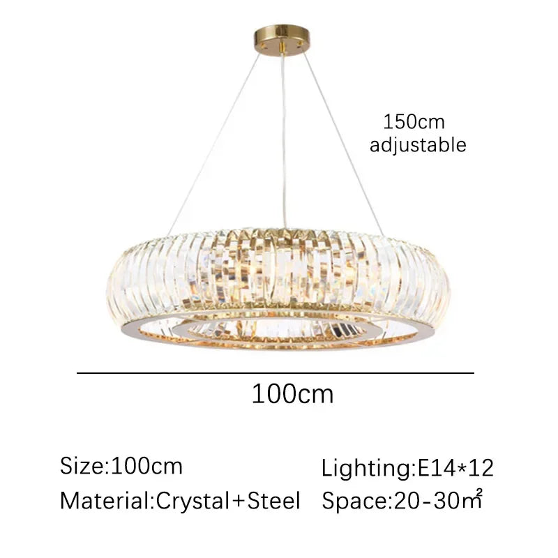Chandelier with dimensions and material details on a white background