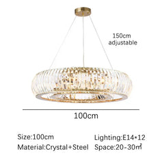 Chandelier with dimensions and material details on a white background